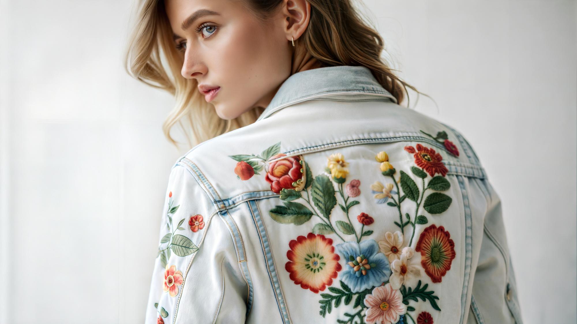 Large editorial shot of embroidered jacket detail